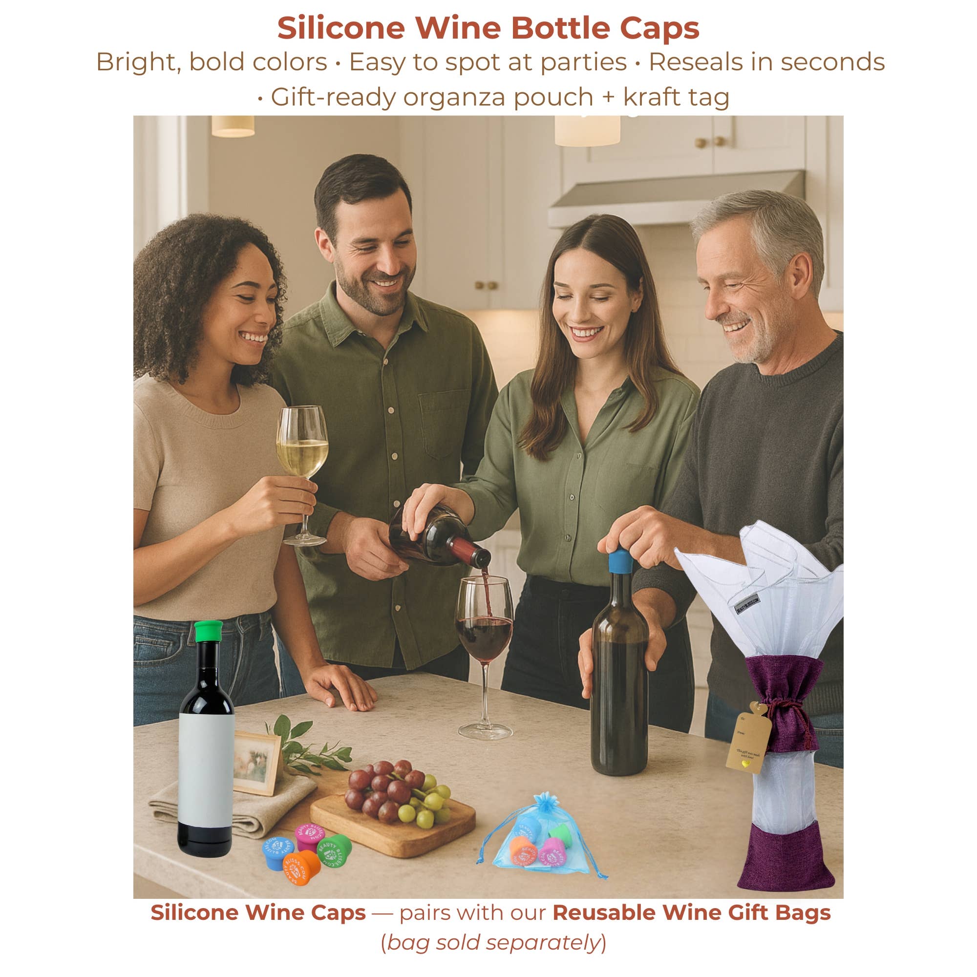 Beauty Blisss - Wholesale Wine Stopper - Silicone Wine Bottle Caps — Airtight, Reusable — 4-pc & 6-pc6
