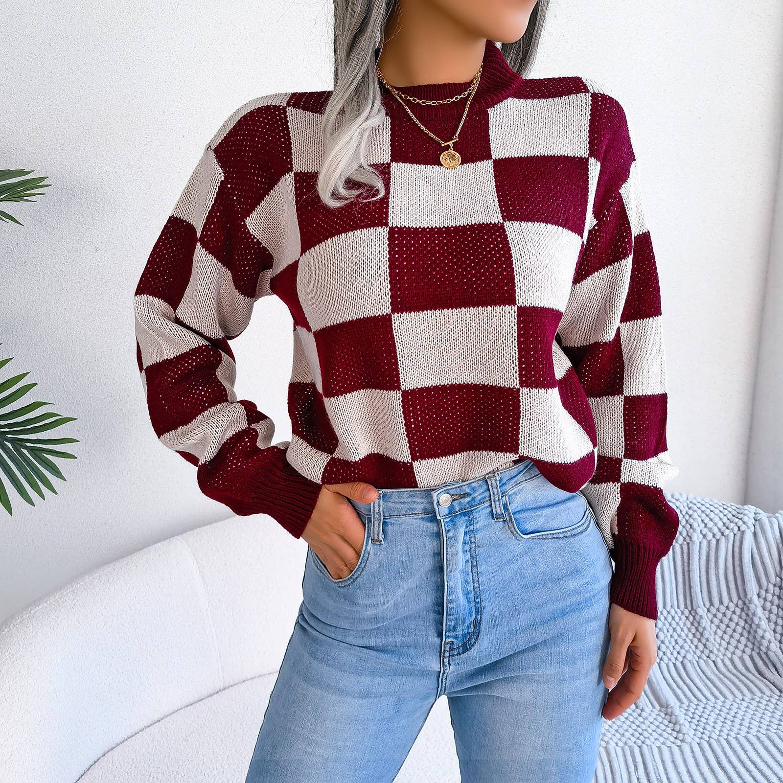 Hope & Sunshine - Wholesale Knit Sweater - Women's - Colorblock Plaid Knit Sweater For Women15