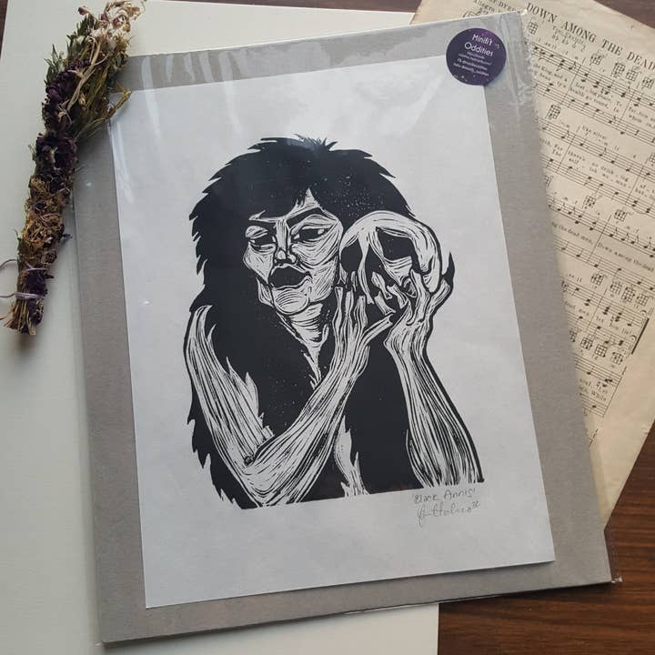 Black Annis Lino Print for wholesale by Minifi's Oddities