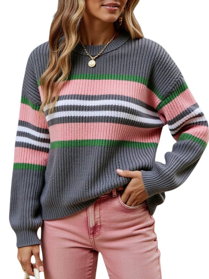 Long Sleeve Striped Knit Sweater with Crew Neck and Relaxed for wholesale by Anna Kaci Wholesale