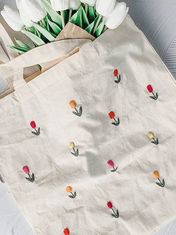 Colorful Tulips Hand Embroidered Tote Bag for wholesale by Classical Gardens