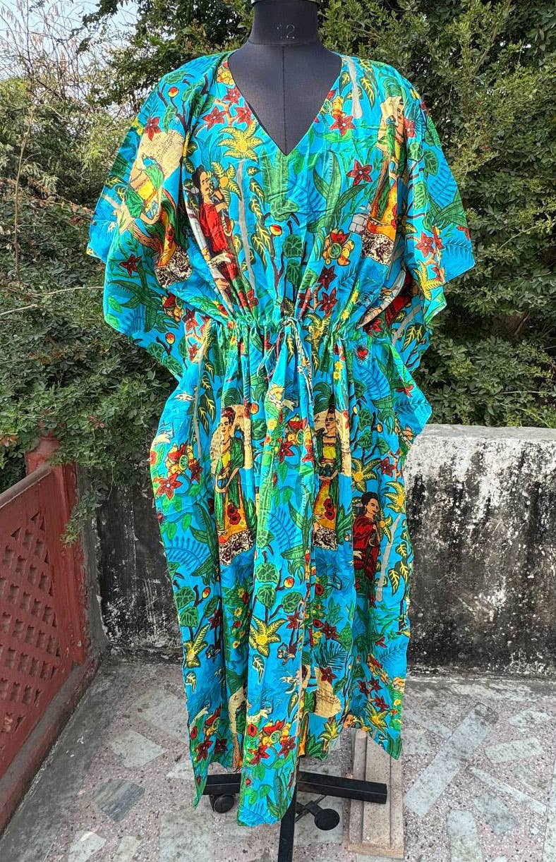 bhavnas boutique - Wholesale Kaftan - Women's - Sky Blue Cotton Kaftan Frida Kahlo Printed Sleepwear Kaftan