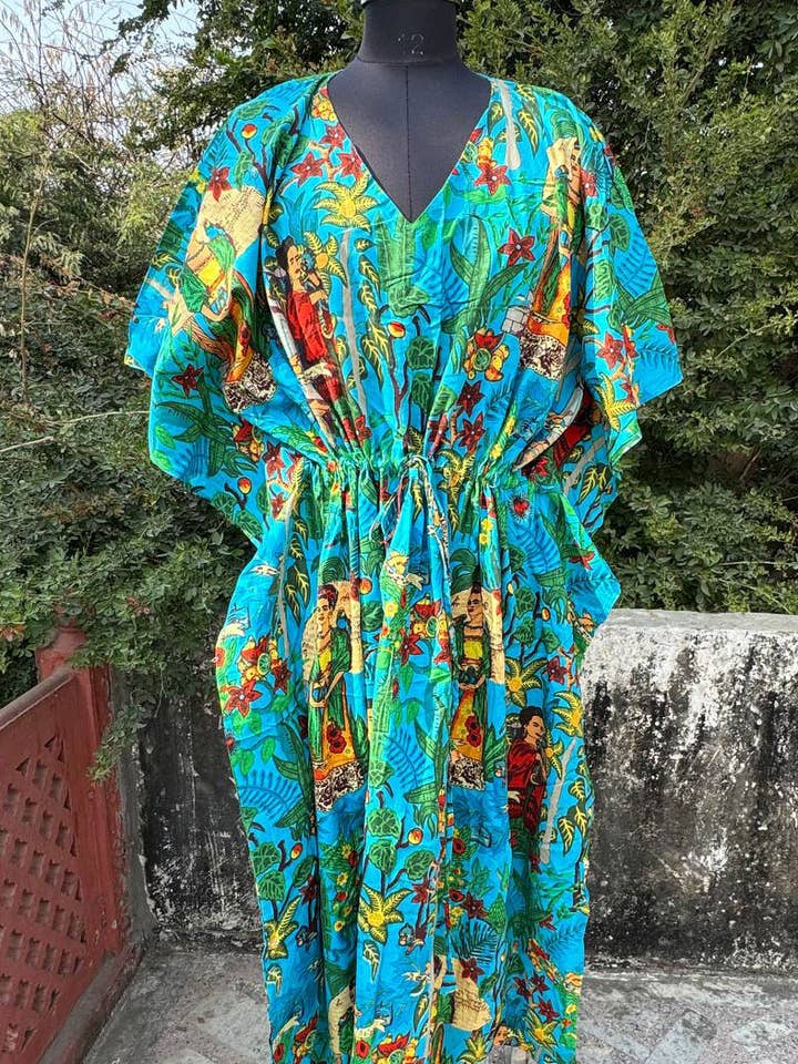 bhavnas boutique - Wholesale Kaftan - Women's - Sky Blue Cotton Kaftan Frida Kahlo Printed Sleepwear Kaftan0