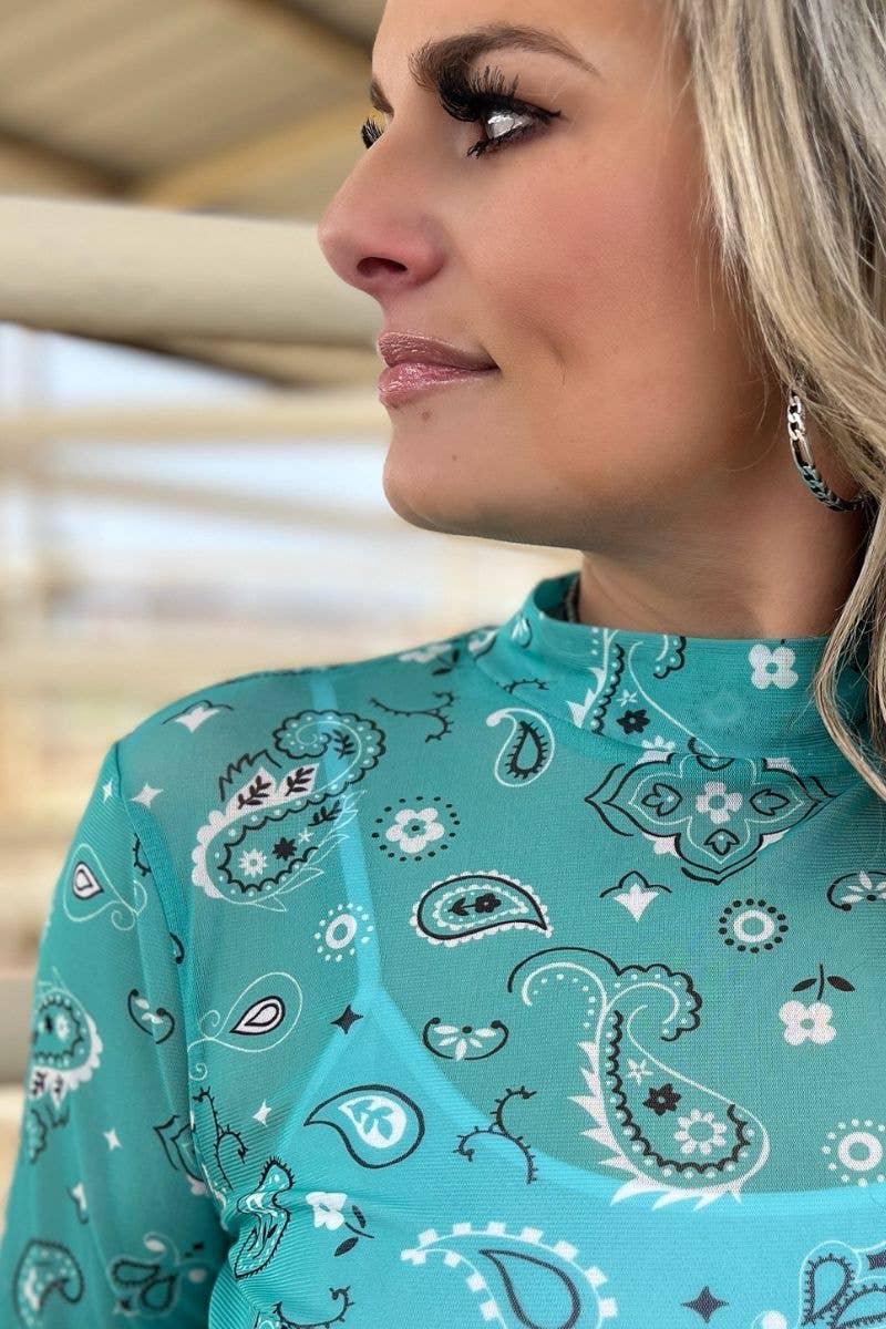 Sterling Kreek - Wholesale Blouse - Women's - Bandana Babe Mesh Top Turquoise8