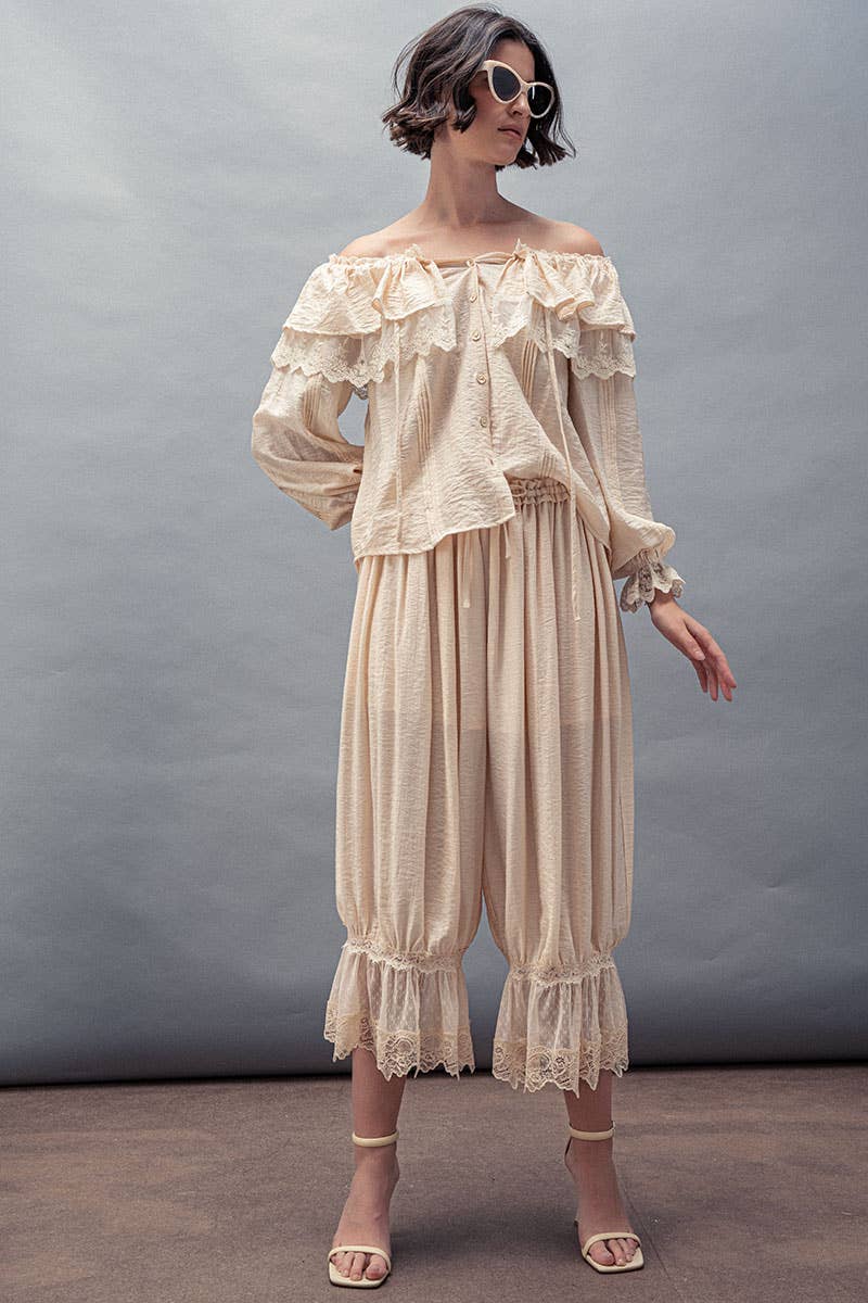 Urban Daizy - Wholesale Blouse - Women's - Lace Trim Ruffle Tie Neck Spring Blouse Top22