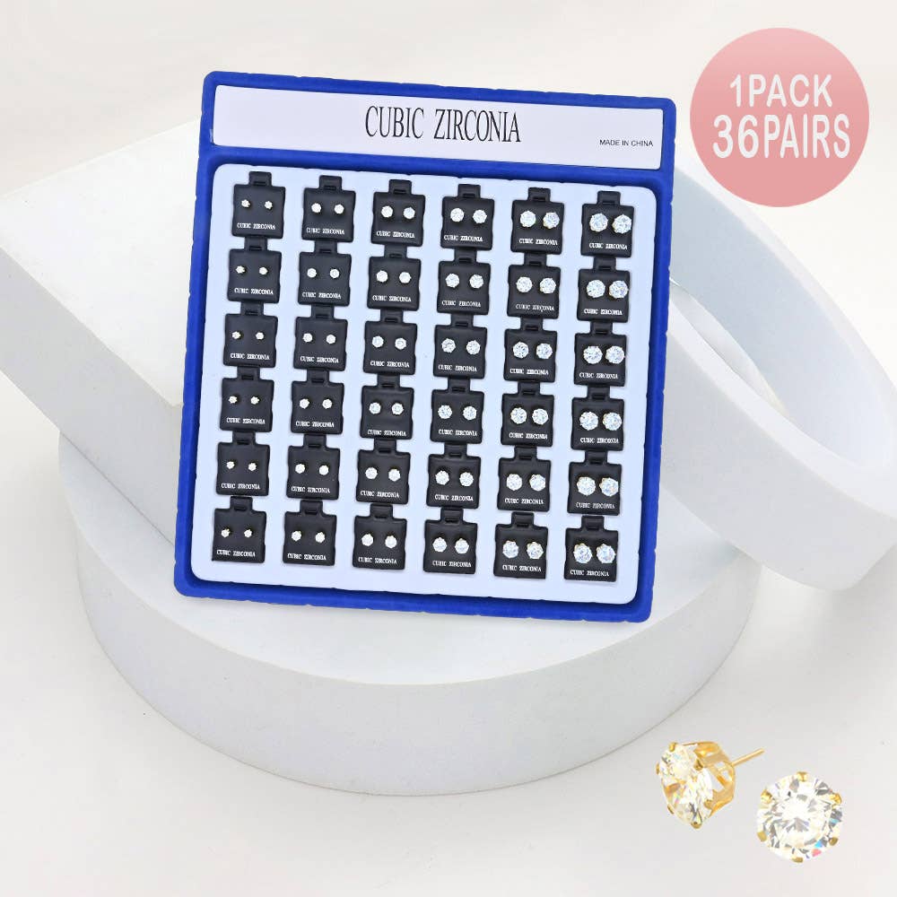 Sensibling Corp. - Wholesale Stud/Post Earrings - 36PAIRS - Round CZ Stone Stud Earrings
0