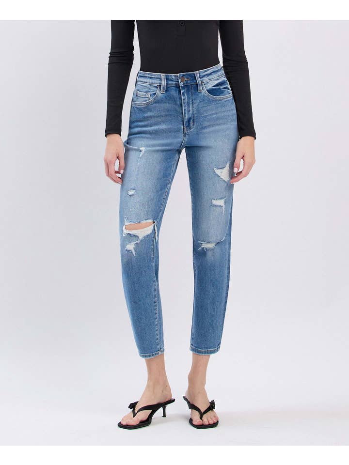 SCRATCH SUPER HIGH RISE DISTRESSED CROP MOM JEANS T5341 for wholesale on Faire