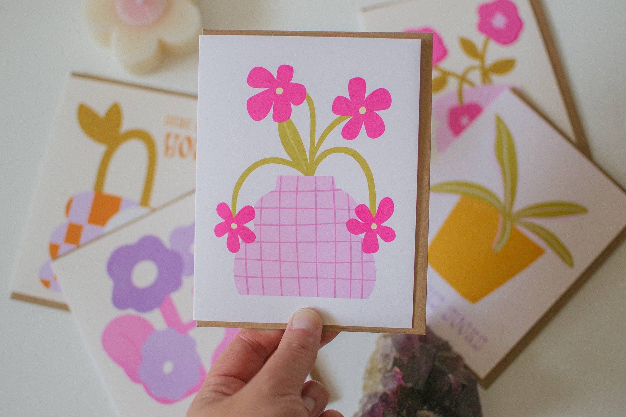 Brush + Bird Paper Co. - Wholesale Gewone wenskaart - Retro bloempotkaart | Blanco roze wenskaart1