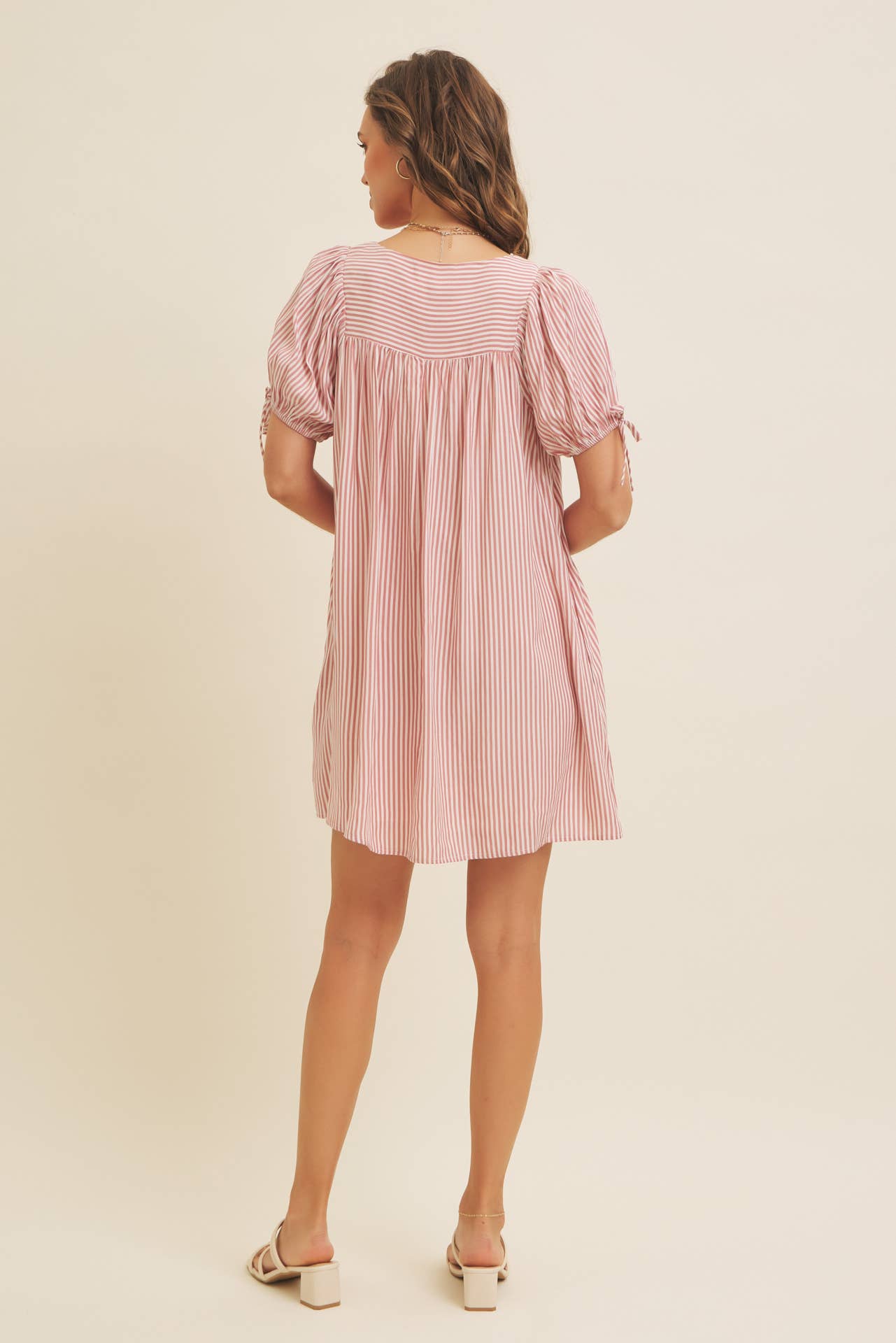 in february - Wholesale Dress - Women's - SQUARE NECK STRIPE FLARE MINI DRESS WITH BOW ON THE SLEEVES13