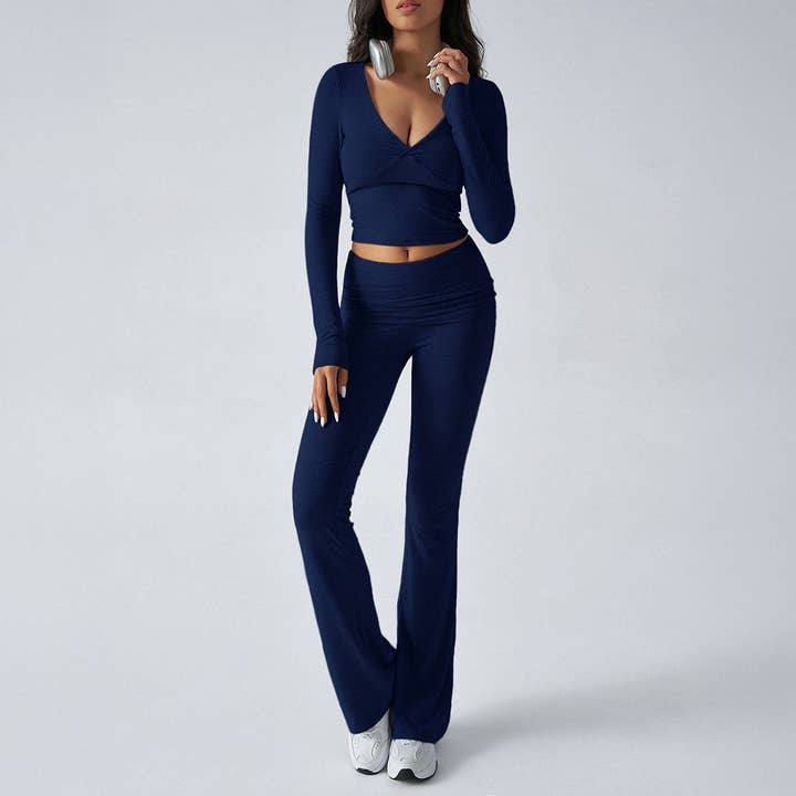 EmberLoom - Wholesale Lounge Set - Women's - Women's Solid V-Neck Knit Slim Fit Top and Pants Set4
