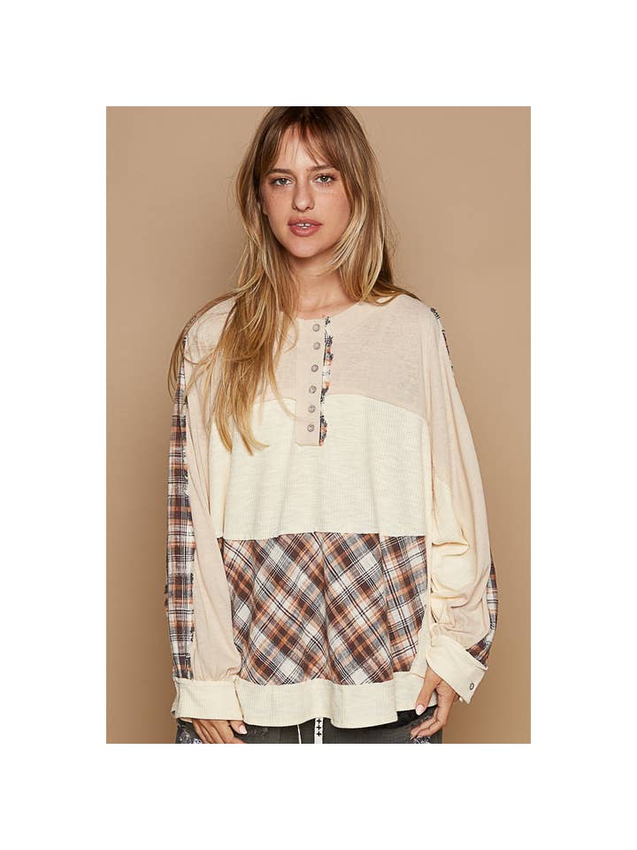 Pol Clothing - Vente Haut en maille – femme - Top en maille à carreaux à manches longues et col rond EN SOLDE