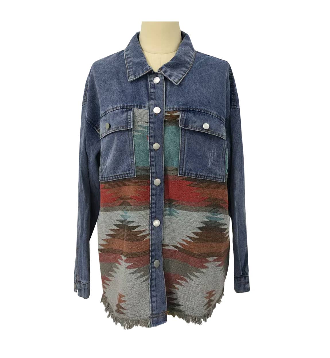 Rosa Clothing - Wholesale Denim Jacket - Women's - Vintage Ethnic AZTEC patchwork oversized denim jacket10