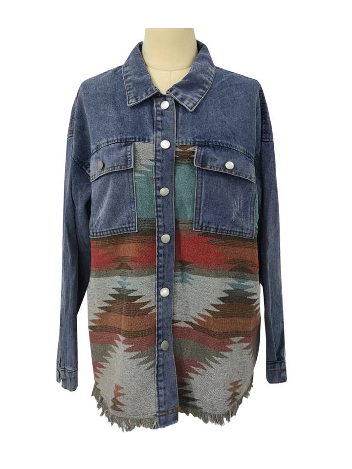 Rosa Clothing - Wholesale Denim Jacket - Women's - Vintage Ethnic AZTEC patchwork oversized denim jacket10