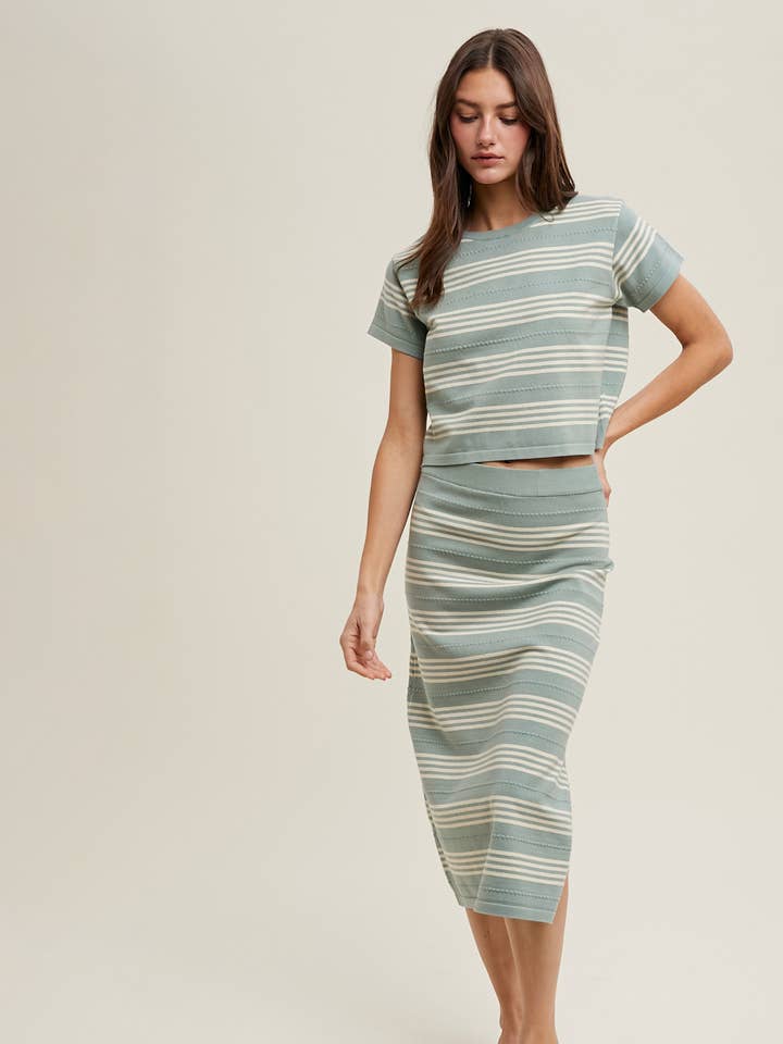 STRIPED SWEATER TOP AND SKIRT SET / WL24-9882 for wholesale by Wishlist Apparel