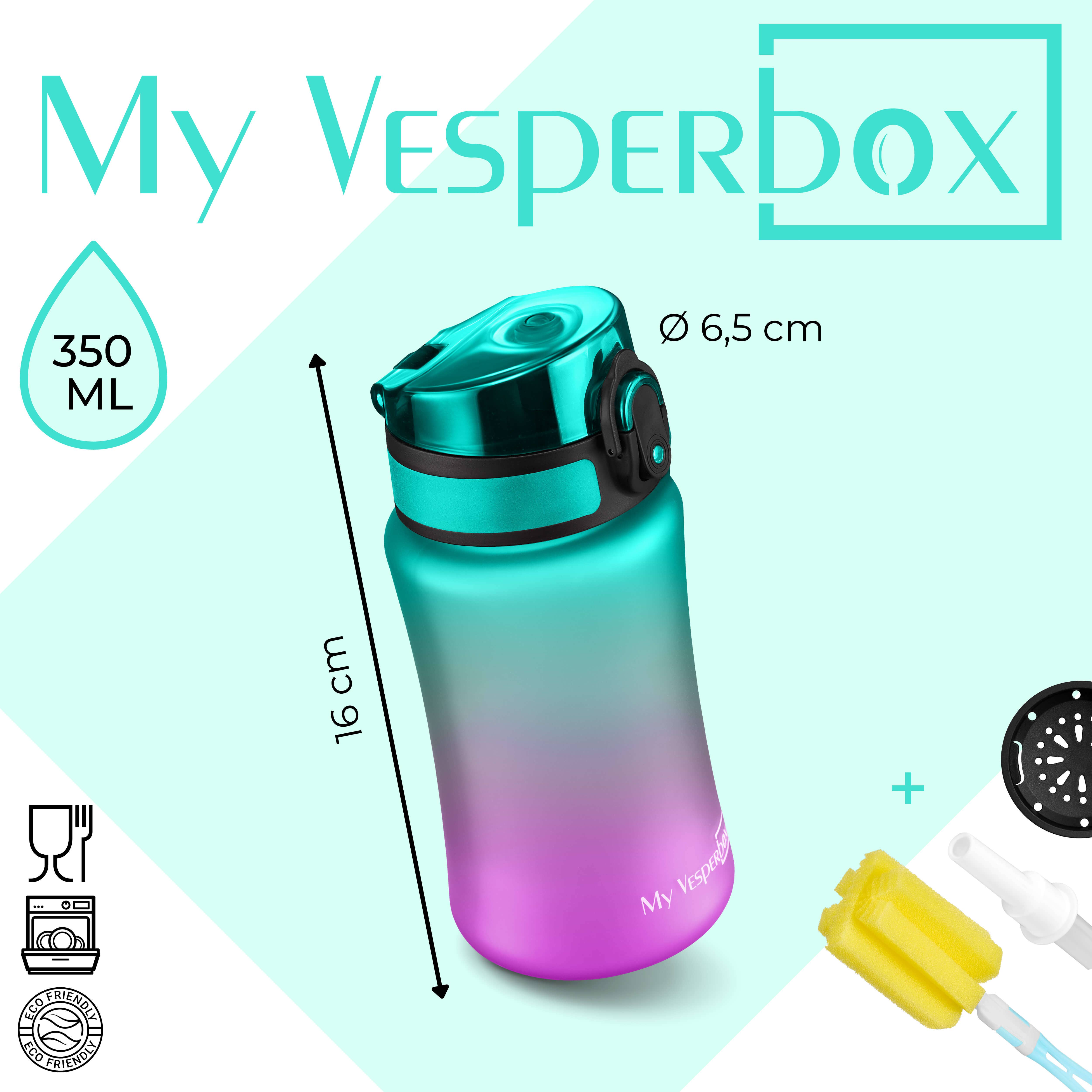 Myvesperbox - Vendita all'ingrosso Borracce - MyVesperbox Bottiglia d'acqua Minny 300 ml Flip Flop viola e verde