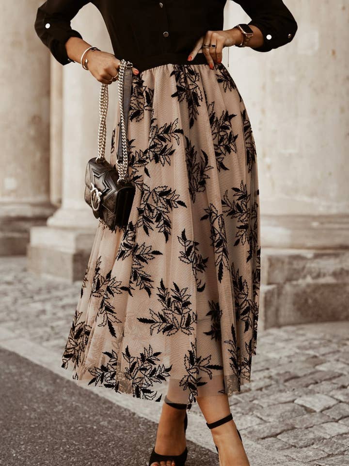 Apricot Floral Leaves Embroidered High Waist Maxi Skirt for wholesale on Faire