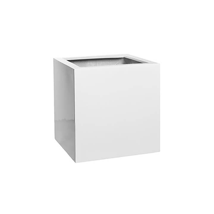 Pot de fleurs en fibre de verre cubique blanc brillant (CUBE16WHS) pour la vente par Vasesource