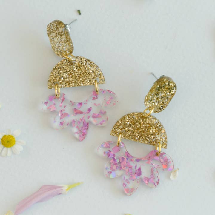Sarah Dangle Earring in Gold Glitter and Pink Crystal Flakes for wholesale by Joy Made Collective