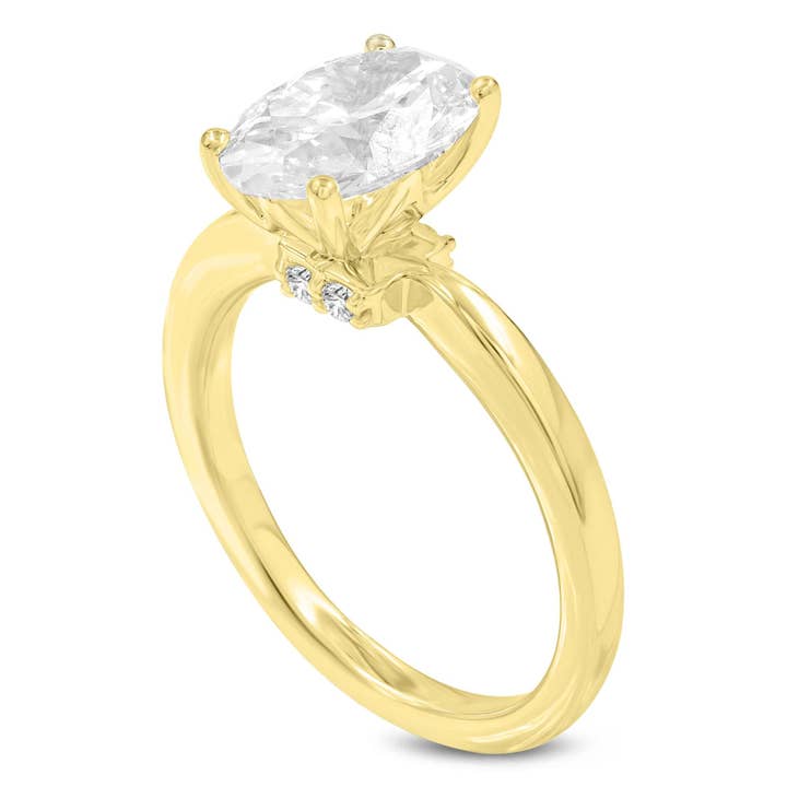 Bague de fiançailles Cassia en or jaune 14K avec diamant ovale de laboratoire et halo caché - 2,1 ct pour la vente par LuvMyJewelry (LMJ)