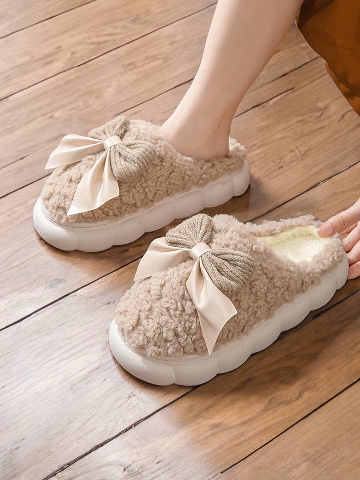 Contrast Bowknot Applique Plush Winter Slippers for wholesale by 1 the Woman