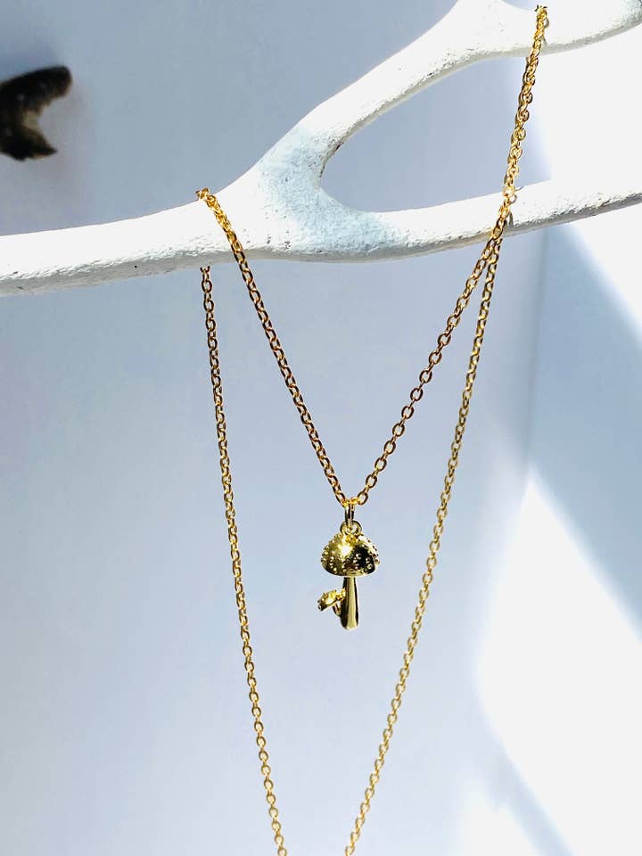 Dainty Gold Mushroom Charm Necklace 🍄 for wholesale by June Luna Jewelry