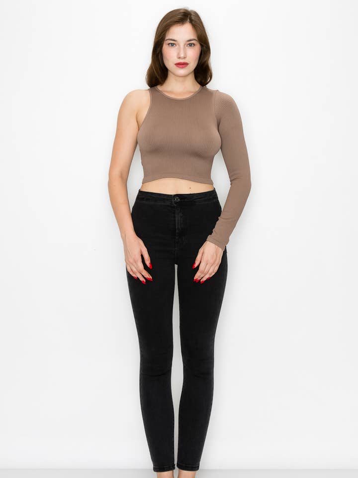 5529-ONE SLEEVE SOLID CROP TOP for wholesale by ANWND