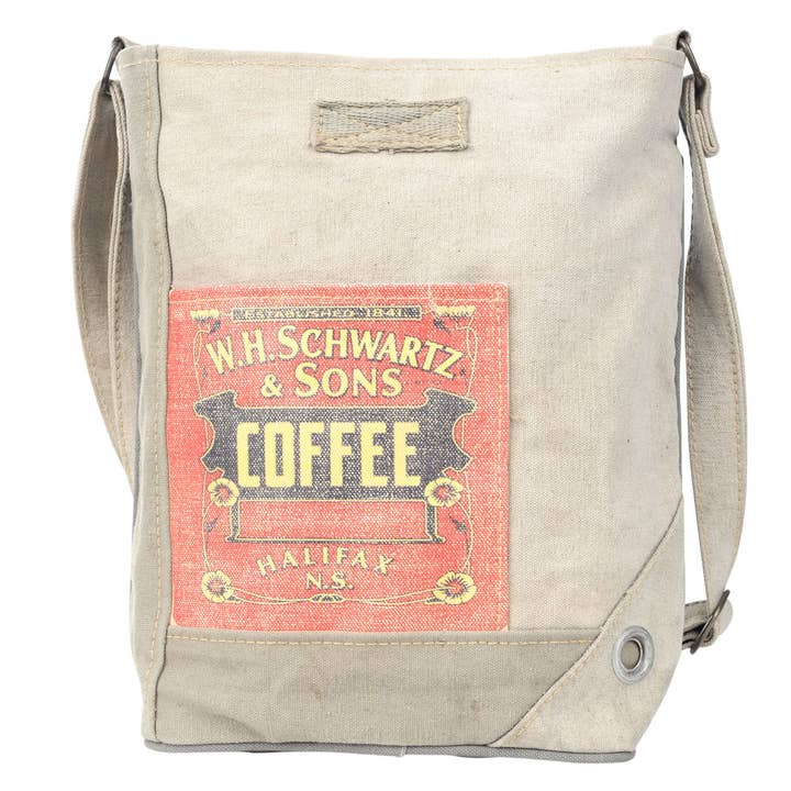 Crossbody-Tasche aus Canvas mit Kaffee-Print und Vorder- und Rück für den Großhandel von Clea Ray Canvas Bags & Clothing