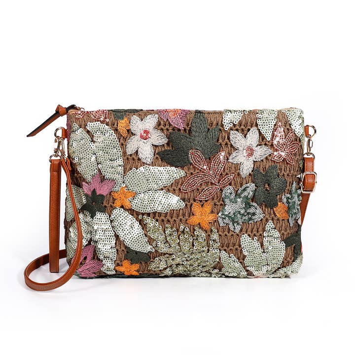PEACH ACCESSORIES - Wholesale Clutch Bag - Women's - Large Floral Embroidered Straw Clutch Bag A1913