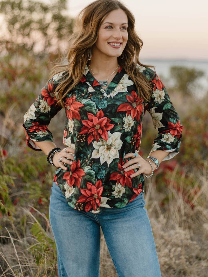 Sterling Kreek - Wholesale Button Down Shirt - Women's - Poinsettia Season Top0