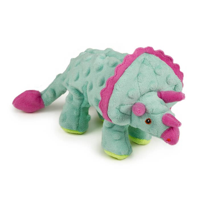Pet Palette Distribution - Wholesale Pet Plush Toy - Dog - goDog Dino Triceratops w/Chew Guard Teal Plush Dog Toy Small