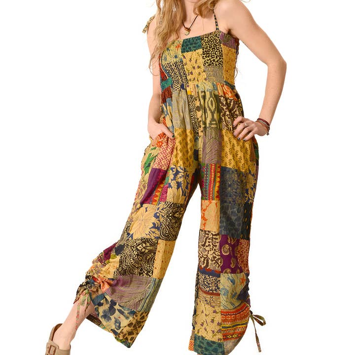 Gypsy Rose - Wholesale Jumpsuit - Women's - Patchwork Cotton Print Cinche Leg Jumper