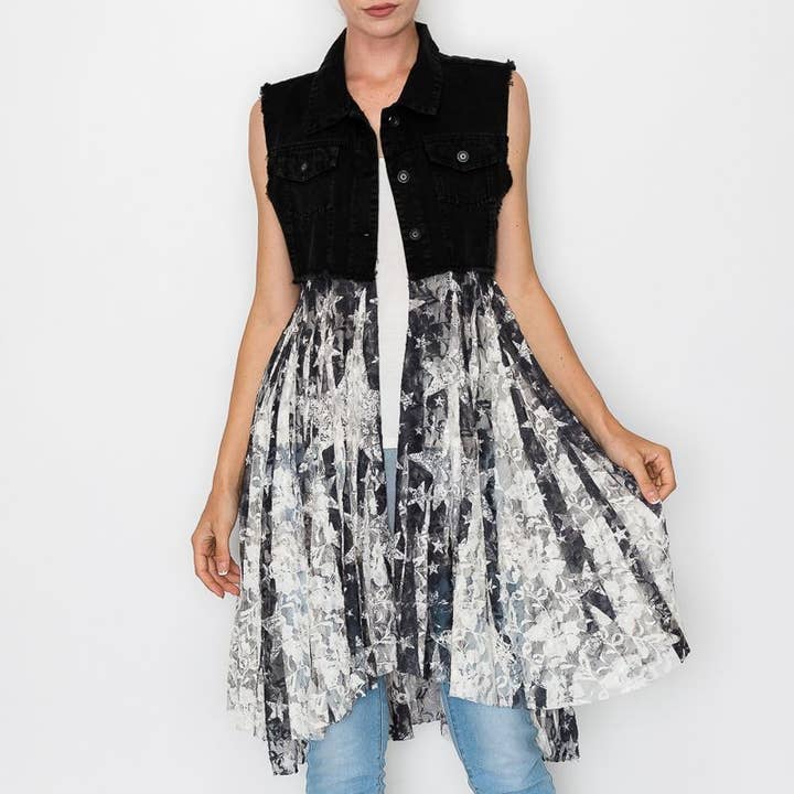 CROPPED DENIM VEST WITH LACE LAYER-4479BK/STAR for wholesale by Origami Apparel ~ Lace and Crochet inspired