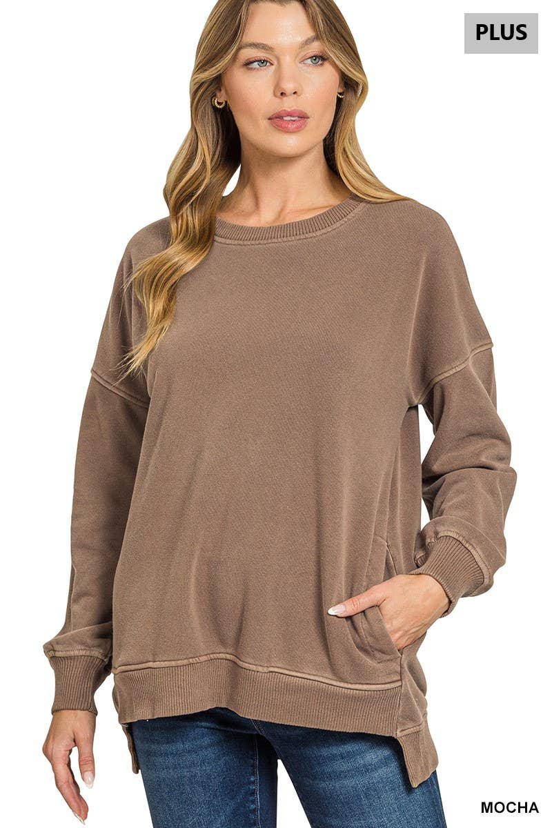 42POPS – wholesale Sweatshirt – Women's – .0827 Plus Pigment Dye Fleece Hi Low Hem Pullover With Pocket SI-27