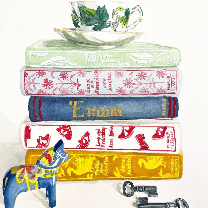 Watercolor Jane Austen Books With Tea Cup Artwork Prints for wholesale by Hen and Chick Art