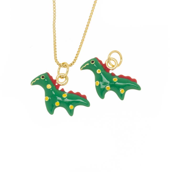 Jewel Pledge - Wholesale Individual Charm/Pendant - Gold Green Dinosaur two sided T-Rex charm for jewelryCPG24034