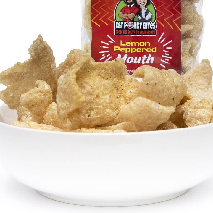 E&T Porky Bites - Vente Encas soufflé - Couennes de porc frites aromatisées au citron et au poivre