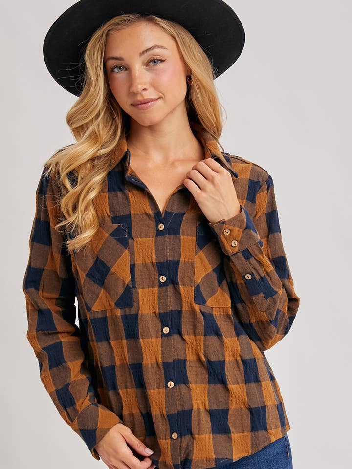 BUTTON DOWN PLAID SHIRT WITH WRINKLED-TEXTURED FABRIC for wholesale by Bluivy