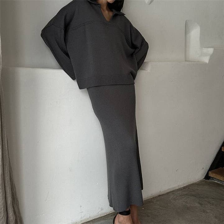 Sheer Trend - Wholesale Top & Skirt Set - Women's - Solid V-Neck Sweater Skirt Set4