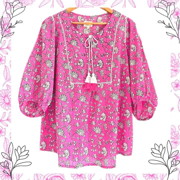 The Indian Bazaar - Wholesale Tunic - Women's - Women's Tunic - Pink and White Floral Print, Tie Strings