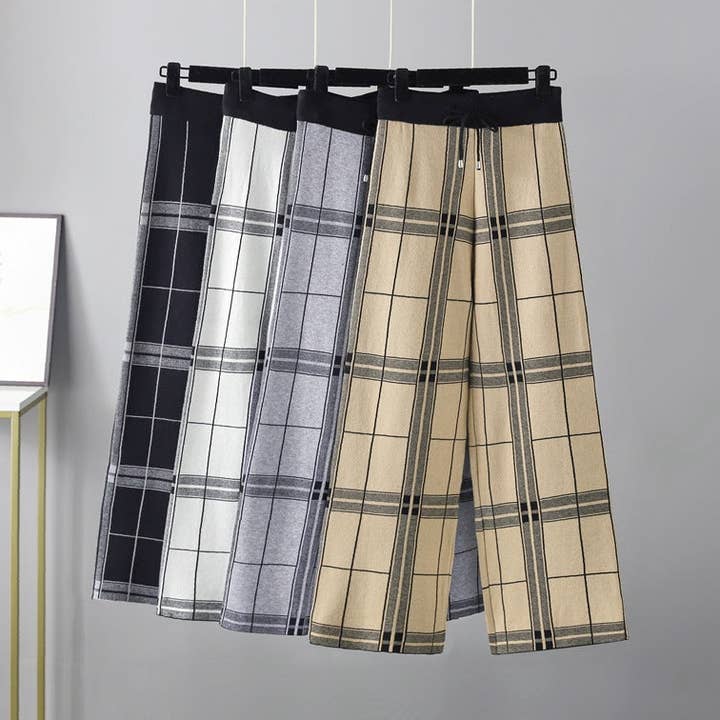 Vintage geruite wijde broek Koreaanse hooggetailleerde gebreide stof voor wholesale door Marayn