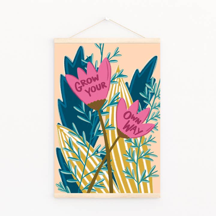 Grow Your Own Way Pink Inspirational Floral Wall Art for wholesale by Amanda Clarke Illustration