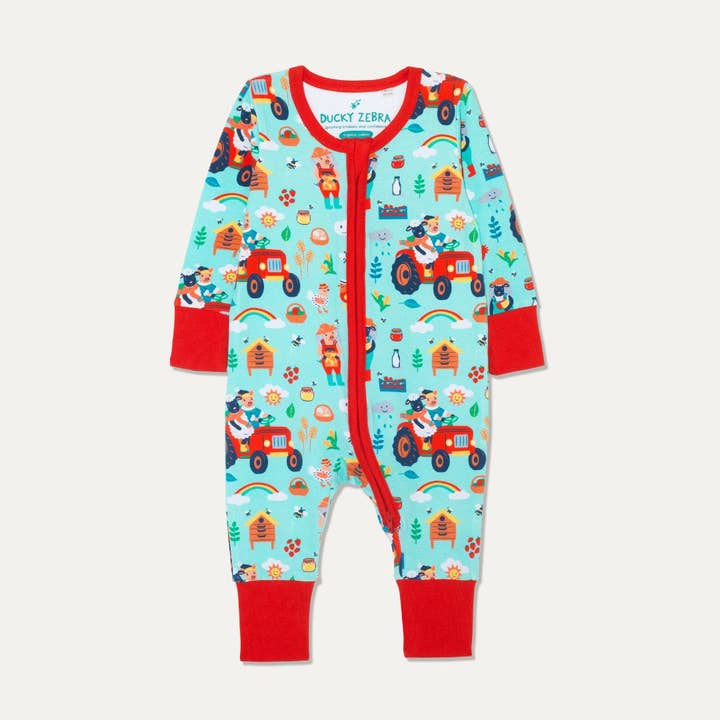 Ducky Zebra: Sustainable Kids' Clothes – wholesale Sleepsuit – Baby – Organic Cotton Zip-Up Sleepsuit with Farmyard Fun Print4