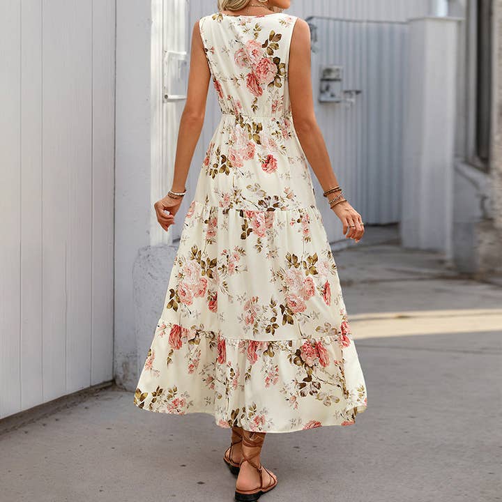 White Sleeveless Deep V-Neck Loose Plain Long Maxi Casual Dress for wholesale on Faire