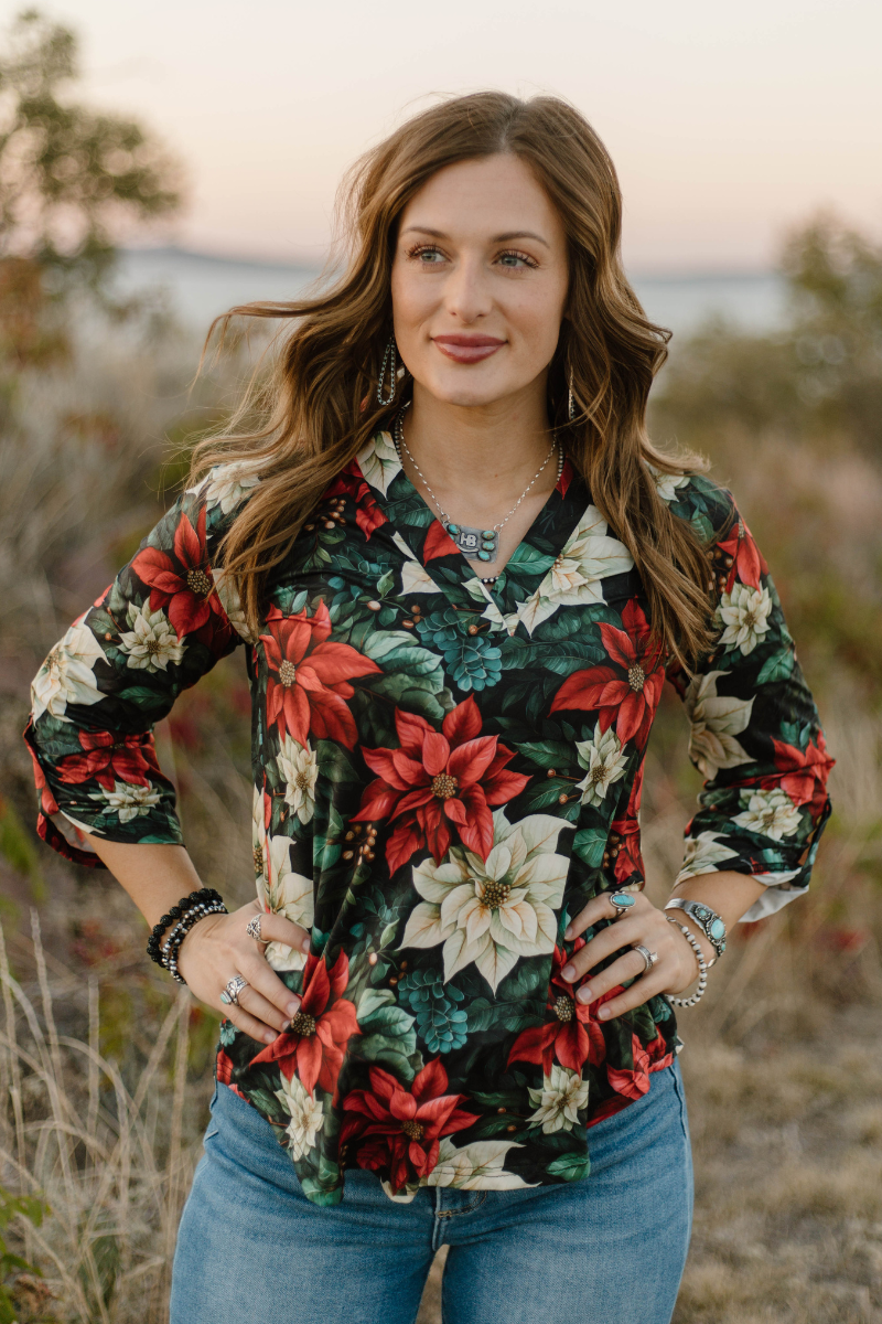 Sterling Kreek - Vente Chemise à col boutonné – femme - Haut de saison des poinsettias2