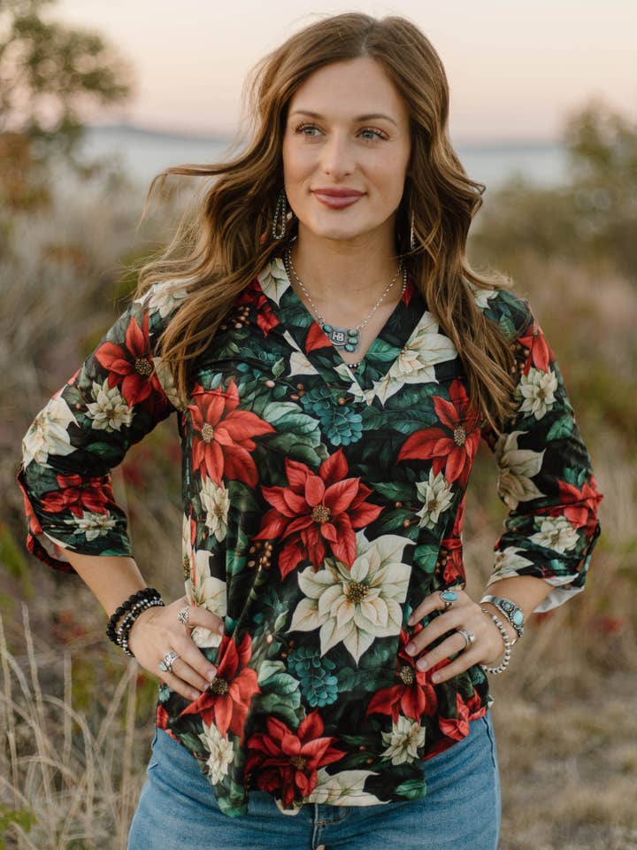 Sterling Kreek - Wholesale Button Down Shirt - Women's - Poinsettia Season Top2