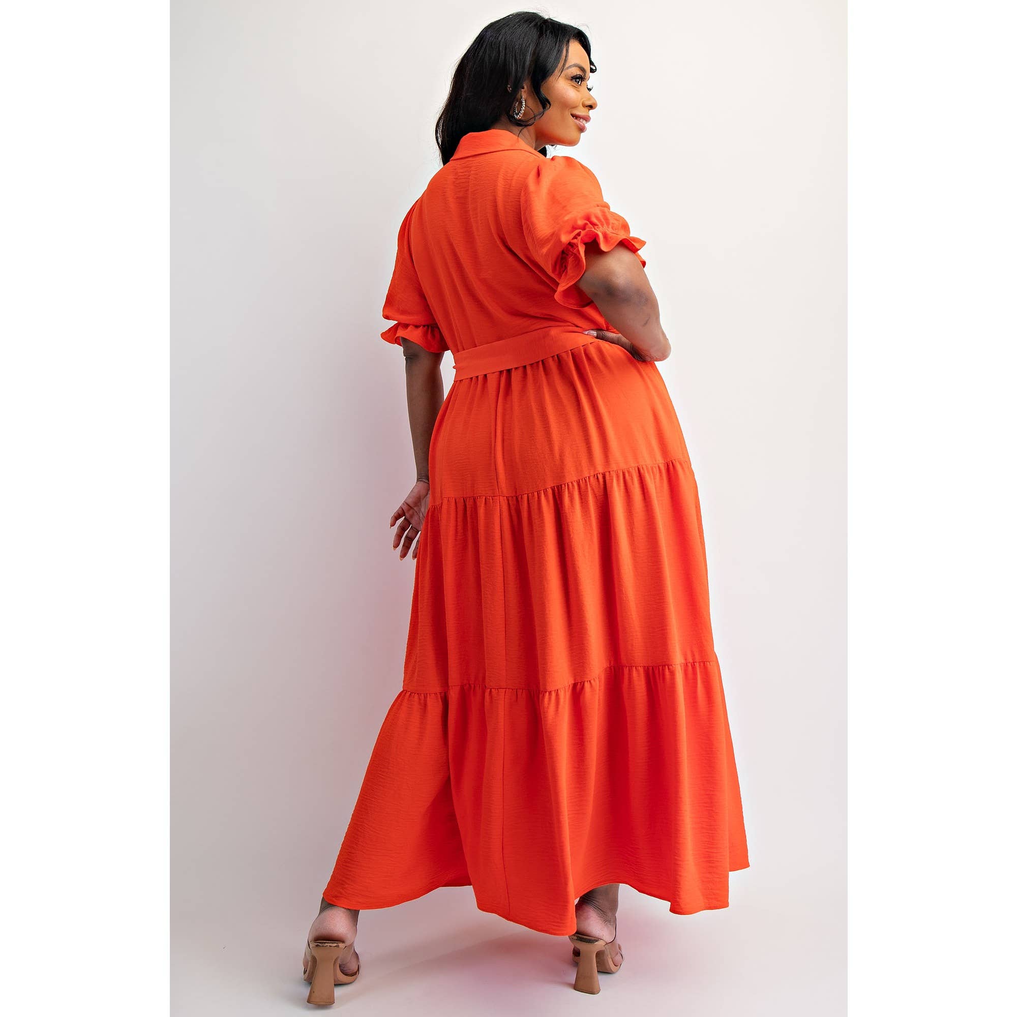ORANGE CORAL PLUS SIZE BUTTON FRONT MAXI DRESS WITH TIERD HEM for wholesale on Faire2