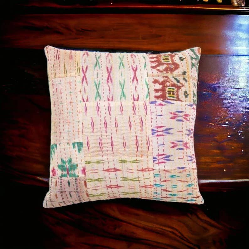 Bhawana Handicrafts - Wholesale Throw Pillow Cover - 5 Pcs Lot Multicolour Patola Silk Saree Kantha Cushion Cover2