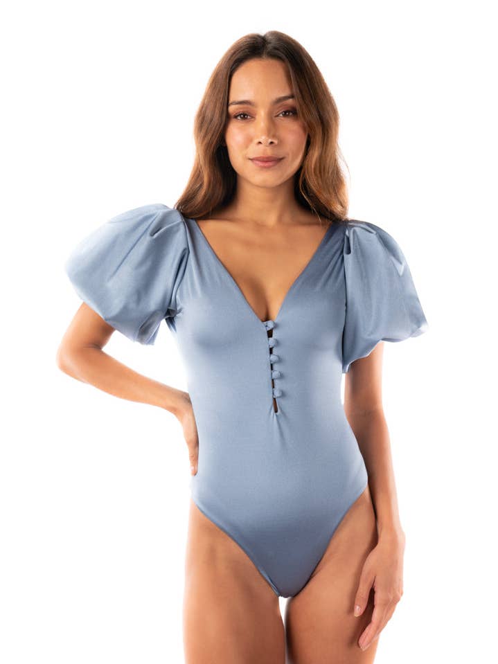 Dahlia Puff Sleeve One Piece in Azure Shimmer for wholesale by SANLIER