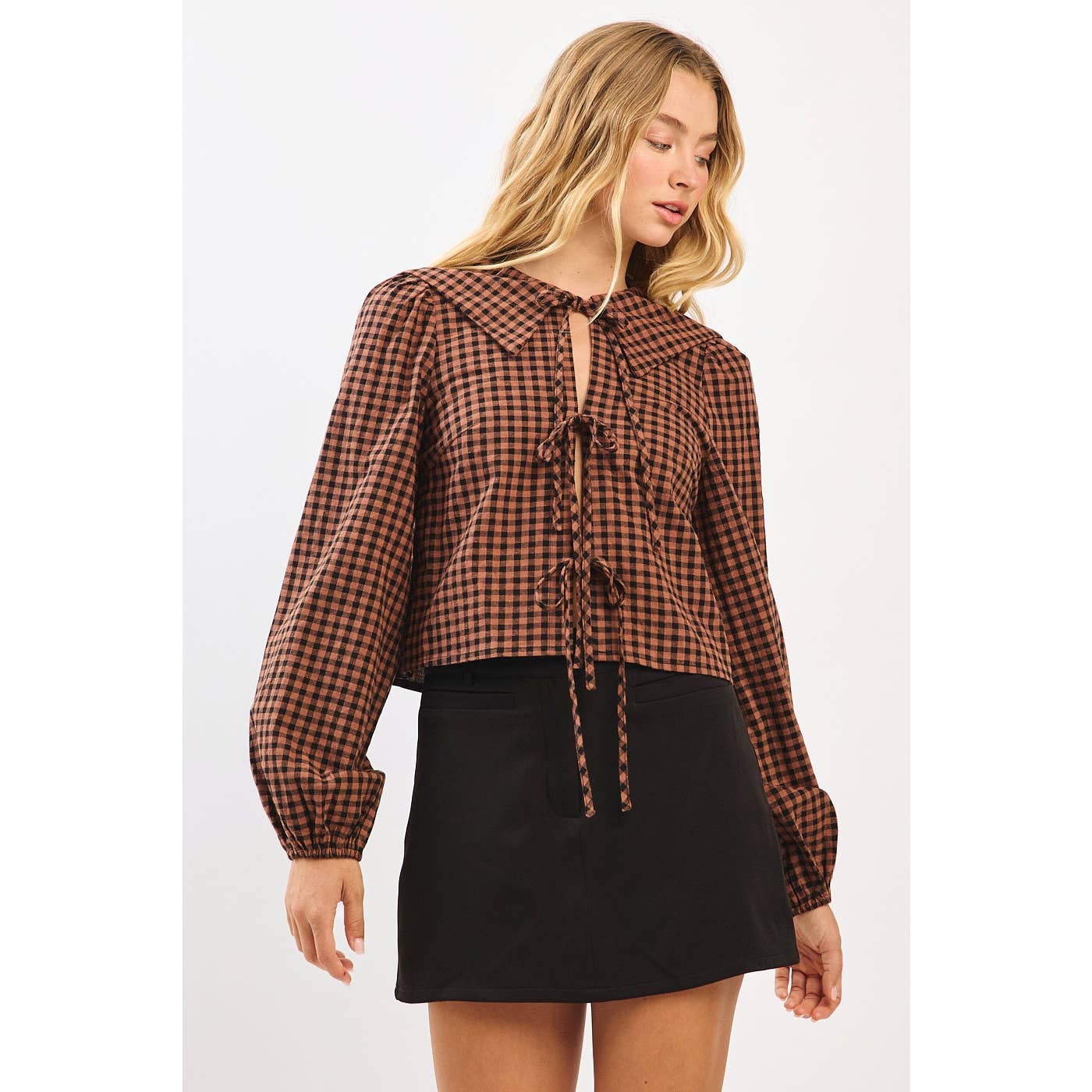 mittoshop - Wholesale Knit Top - Women's - CHECKERED TIE FRONT BIB COLLAR LONG SLEEVE TOP0