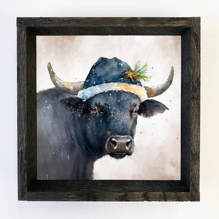 Black Cow Santa - Framed Animal Art - Farmhouse Holiday Art for wholesale by Hangout Home